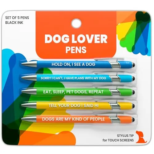 RUBYLOO dog-themed ballpoint pens with stylus tips in multicolor