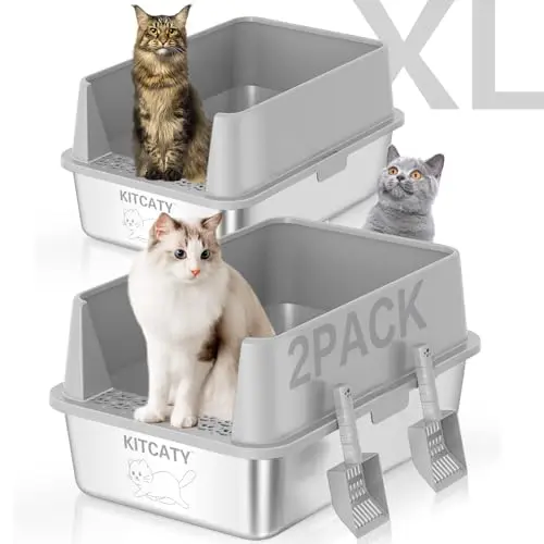 KITCATY 2-Pack Stainless Steel Cat Litter Box with high sides