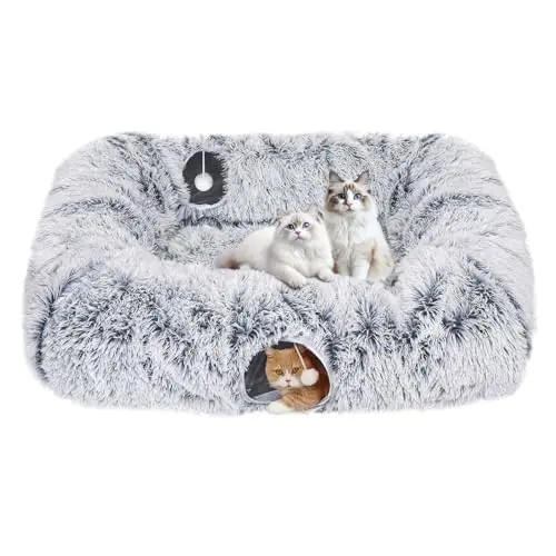 Tidjani grey extra large cat tunnel bed with four exits and hanging balls