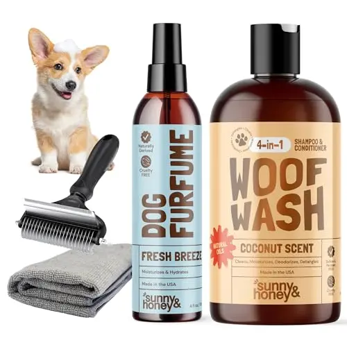 Sunny & Honey dog grooming kit with shampoo, conditioner, spray, brush, and towel