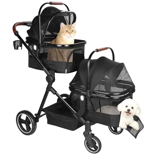Foldable double-decker pet stroller with integrated carriers and shock-absorbing wheels.