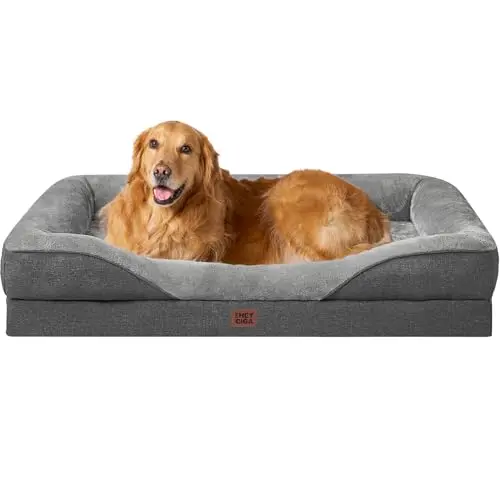 EHEYCIGA Orthopedic XL Dog Bed with grey cover and four-sided bolster design