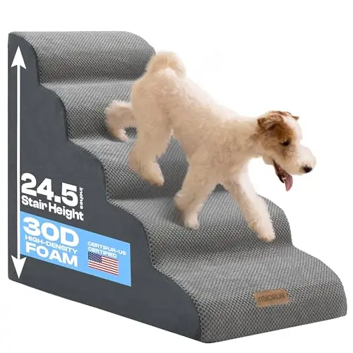 Miorun extra-tall light grey dog stairs reaching a high mattress.