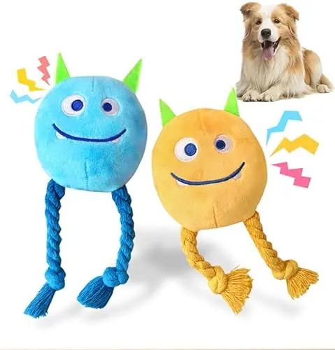 lilfrd orange and blue monster-face dog toys with rope legs and a squeaker inside