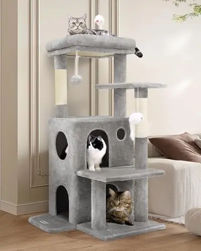 Globlazer 50-inch cat tree with stepped platforms and double-layer condos