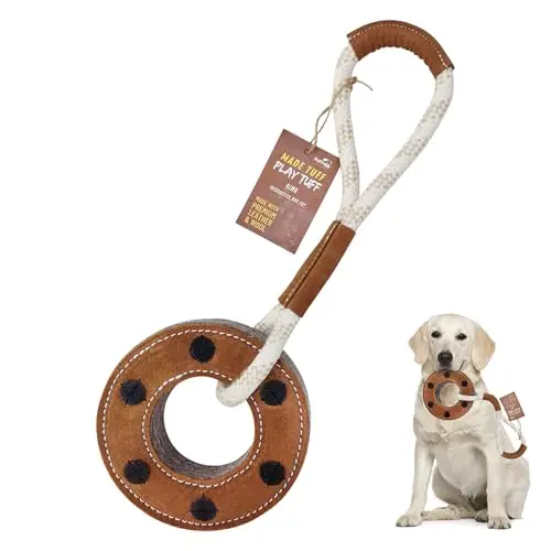 PetYupp leather ring with attached wool and cotton rope dog chew toy