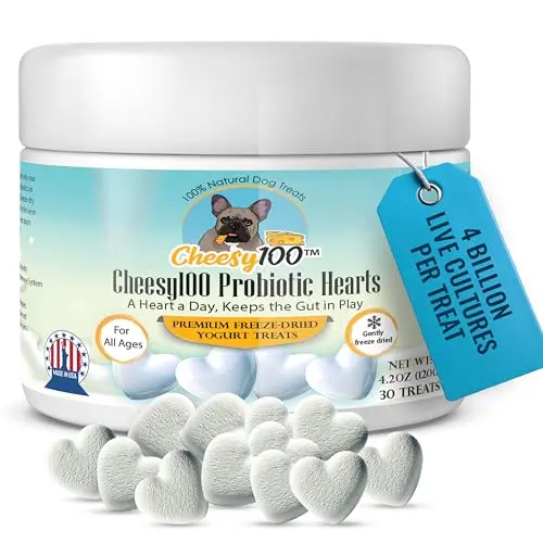 Cheesy100 Crunchy Probiotic Dog Treats heart-shaped freeze-dried yogurt pieces