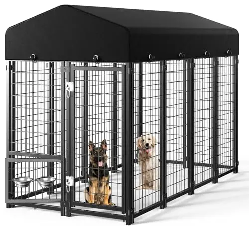 Guiferland large black outdoor dog kennel with an A-frame roof and adjustable bowl holders