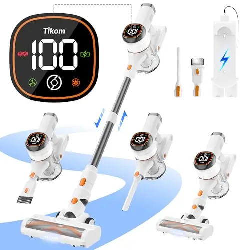 Tikom V500 cordless stick vacuum cleaner in orange and white