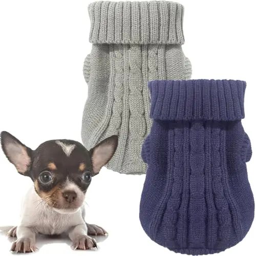 KALLFIR'S CUTIE navy blue and grey braided knit turtleneck dog sweater for small breeds