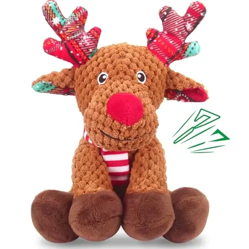 Luudoogs brown reindeer plush dog toy with crinkle paper antlers and a squeaker