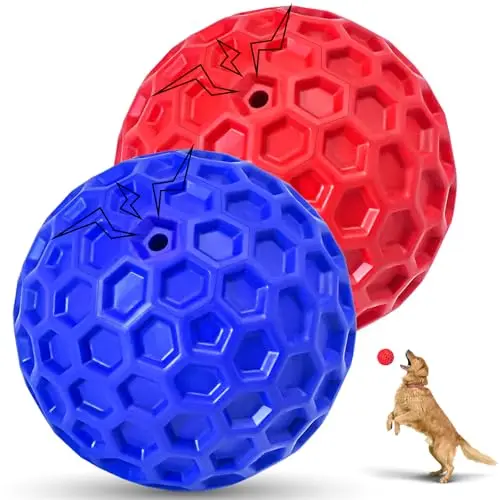 CHEODIN 2 Pack blue and red squeaky dog balls with honeycomb texture