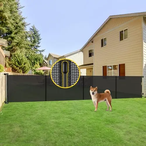 Extra tall and wide black retractable mesh gate spanning a large deck opening