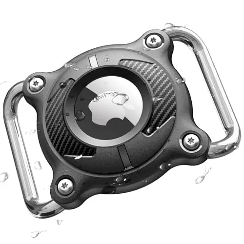 PALAMEDE black polycarbonate AirTag holder with a fixed metal attachment loop.