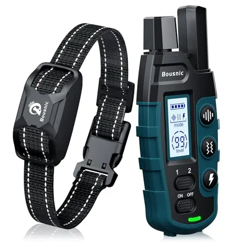 Bousnic black dog shock collar with remote on a gray background
