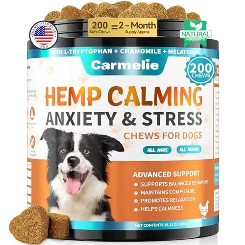 Carmelie Hemp Calming Chew for Dog chicken flavor bottle