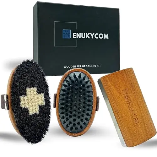 ENUKYCOM wooden pet grooming kit with bristle brush, slicker comb, and fur remover