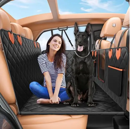 IJVAE hard bottom dog car seat cover extended over a back seat