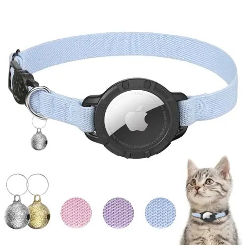 SUCEGI stretchy blue cat collar with integrated Apple AirTag holder and bell