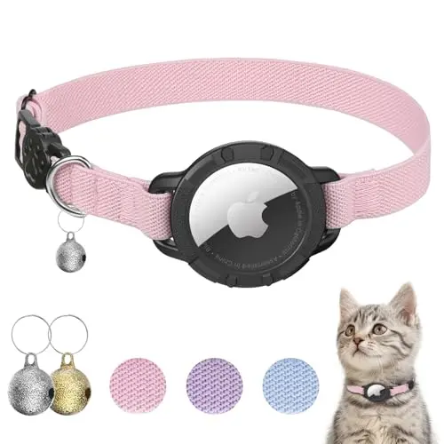 Pink stretchy cat collar with integrated Apple AirTag holder