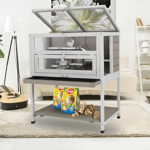 Gowoodhut grey and white wooden hamster/guinea pig cage with multiple platforms, ramps, and a movable hideout.