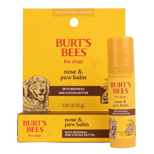 Burt's Bees dog paw balm in a small container with beeswax and cocoa butter