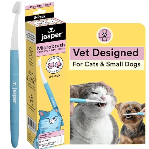 Jasper Microbrush cat toothbrush with a narrow head, curved neck, and a soft-grip handle.