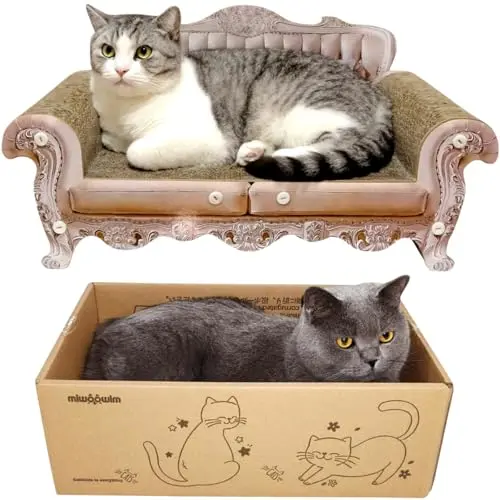 MIWOOOWIM pink and beige royal-style cat scratcher couch with matching cardboard box house