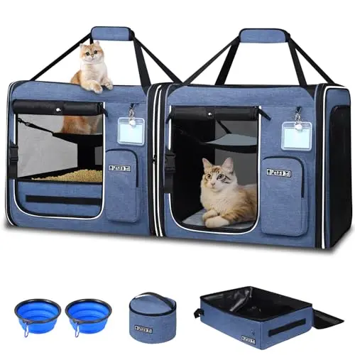 Petskd blue double cat travel carrier, shown as two connected units with a litter box and foldable bowls.