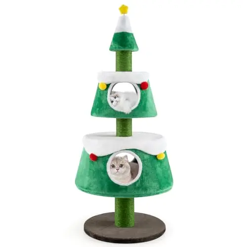 PETSITE 60-inch green Christmas tree-shaped cat tower with two condos and a star spring toy on top.