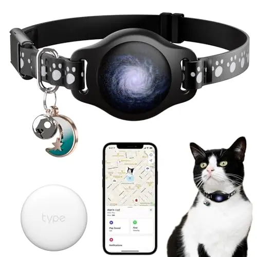 TYPECASE black cat tracker collar with integrated finder tag and cartoon patterns