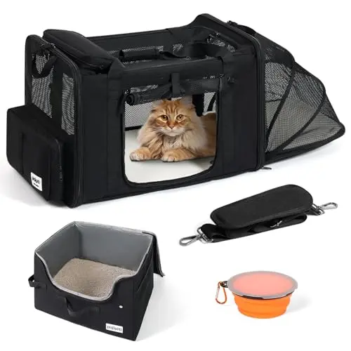 Pidipiti expandable large black cat carrier shown with an expandable side section and a litter box inside.