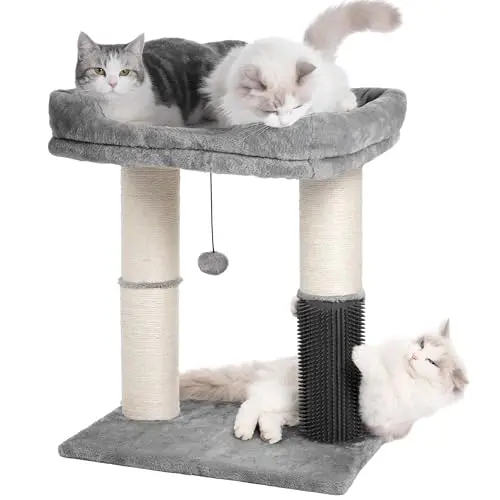 Pawfessor cat tree tower with large bed, thick posts, and self-grooming brush