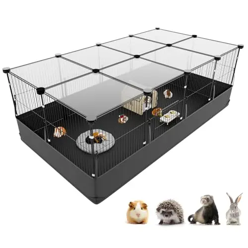 Tresbro black metal C&C cage for guinea pigs with a waterproof liner and secure hook closures.