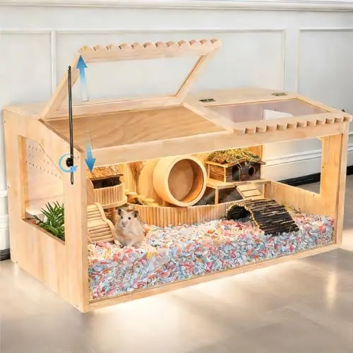 DZWLKJ log-colored wooden hamster cage with sliding door and acrylic windows