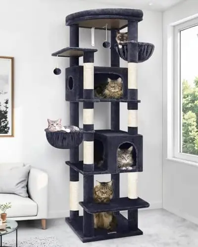 Globlazer 74-inch sturdy cat tree for large cats with multiple levels and hanging baskets