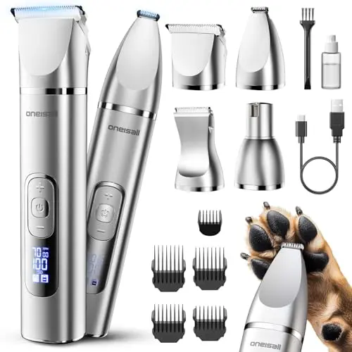 Oneisall 4-in-1 dog grooming tool with LCD screen and interchangeable heads