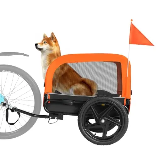 Sepnine dog bike trailer in orange and black, showing foldable frame and safety flag