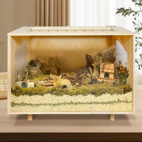 PEJOYT wooden hamster cage with acrylic panels and open top