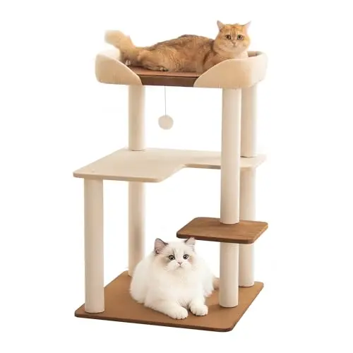 PETTIFUL modern cat tree with wide cream-colored shelves and interactive toys