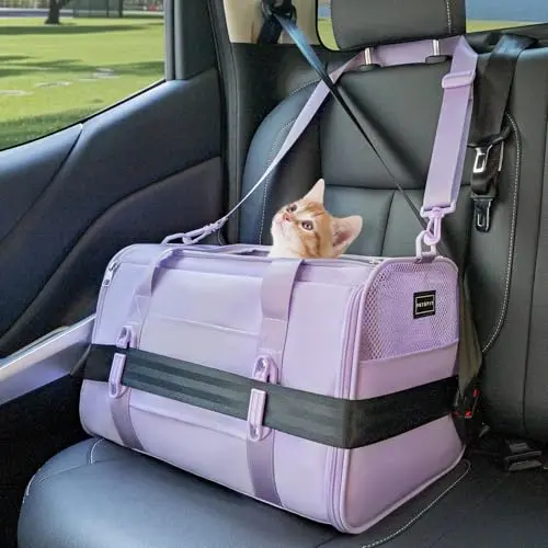 PETSFIT purple soft-sided cat carrier with safety buckles and mesh panels