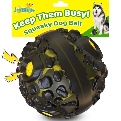 JoyBruko black and yellow giggle ball dog toy with nubbed texture