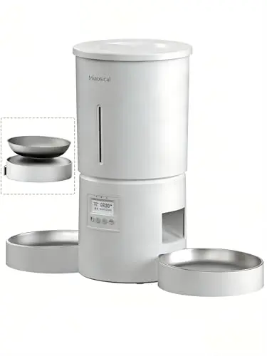 Miaosical white automatic cat feeder with dual bowls on a counter
