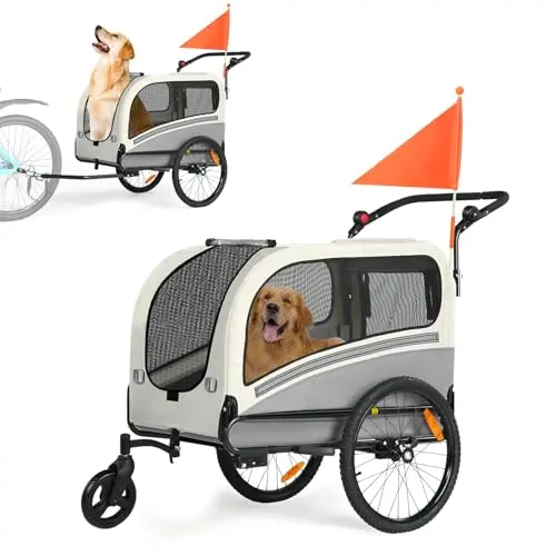 Sepnine 2-in-1 dog bike trailer in dark grey, showing stroller conversion and spacious interior