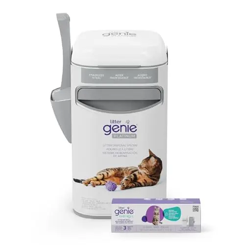 Litter Genie Platinum Pail, a sleek white cylindrical stainless steel trash can for cat litter