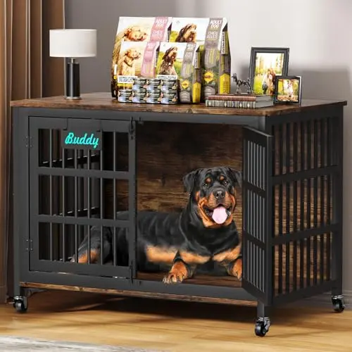 EasyCom furniture-style dog crate with name tag and wooden panels