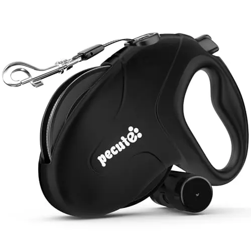 Pecute black retractable leash with poop bag holder and reflective strips