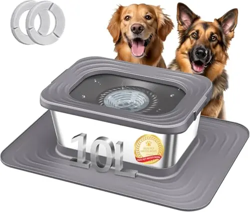 Decflow stainless steel dog water bowl with floating disk and large silicone mat