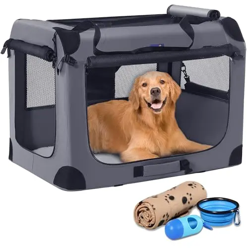 Petprsco gray collapsible soft dog crate with three mesh doors, shown folded and set up.