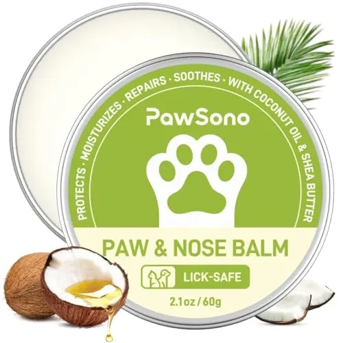 PawSono dog paw balm in a green tin with coconut oil ingredients
